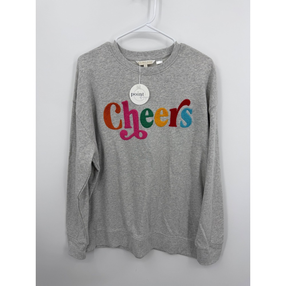 Shiraleah Cheers Sweatshirt Women L Gray Colorful Sherpa Lettering Cotton NWT